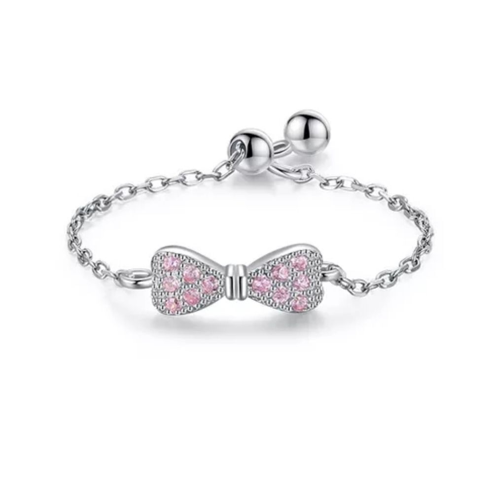 925 Sterling Silver Platinum Plated CZ Pink Bow Chain Ring